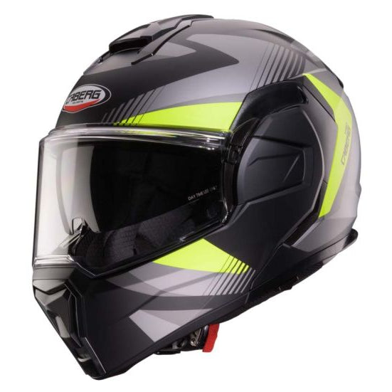 Caberg Trip Lunar Matt Black / Grey / Fluo Yellow closed-chinbar front three-quarter view