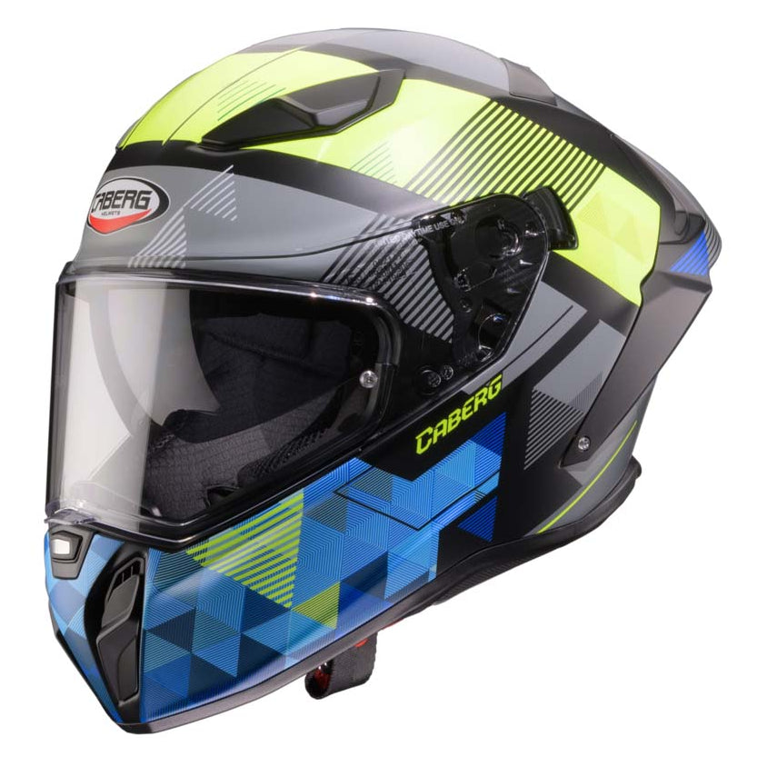 Caberg Drift Evo 2 Prism Matt Black / Fluo Yellow / Blue helmet, front three-quarter view with sun visor lowered
