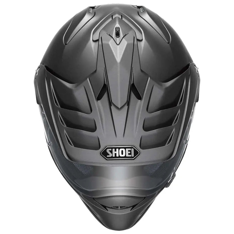 Shoei Hornet ADV 06 Matt Deep Grey adventure motorcycle helmet, overhead view on white background