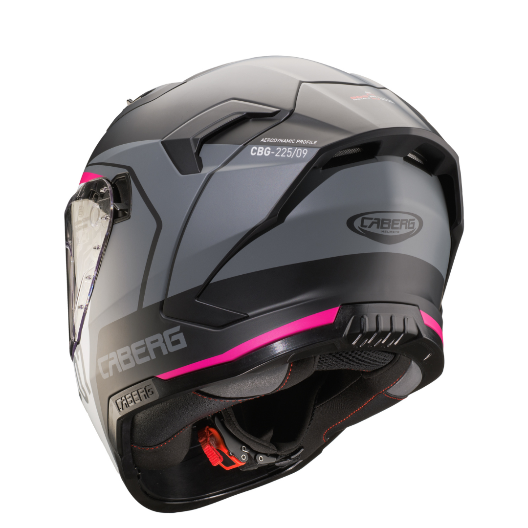 Caberg Gladio Sonic Matt Black, White, Grey and Fuchsia - rear three-quarter view