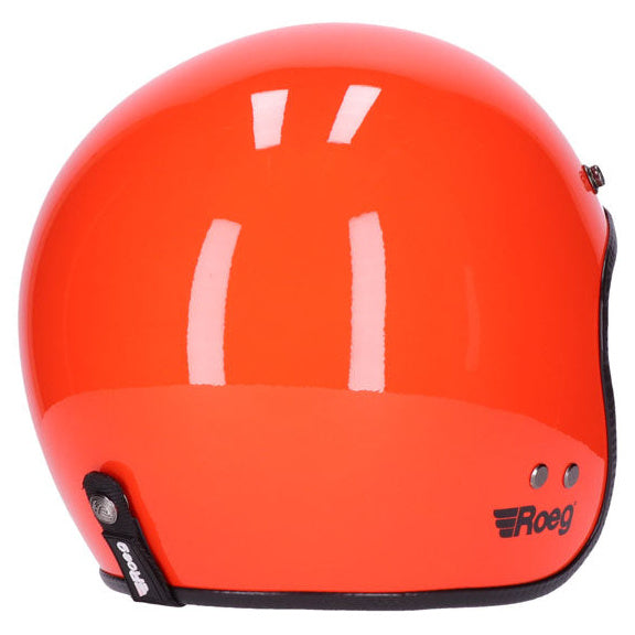 Roeg Jett Oompa Helmet Orange open-face motorcycle helmet, rear-right three-quarter view