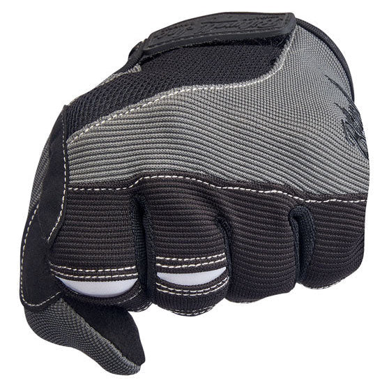 Biltwell Moto Gloves Grey and Black, worn knuckle detail
