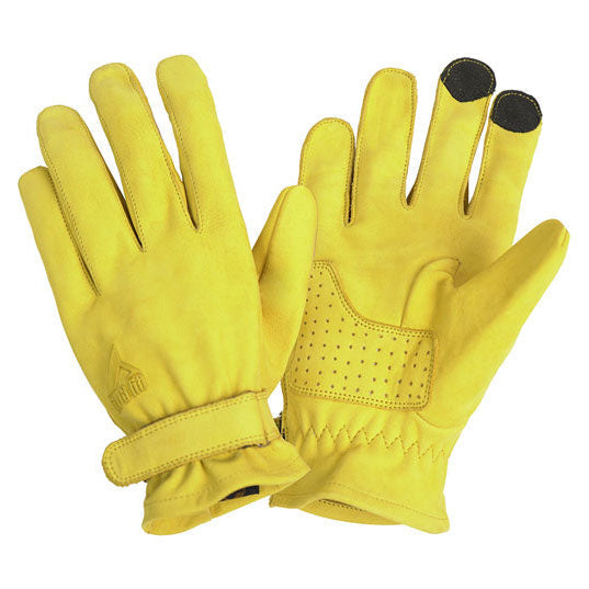ByCity Texas yellow leather motorcycle gloves - palm and back-of-hand views