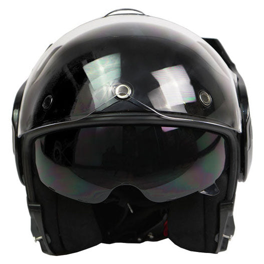 ByCity 180 Tech Convertible Black Shiny Helmet convertible motorcycle helmet, front view with chin section raised