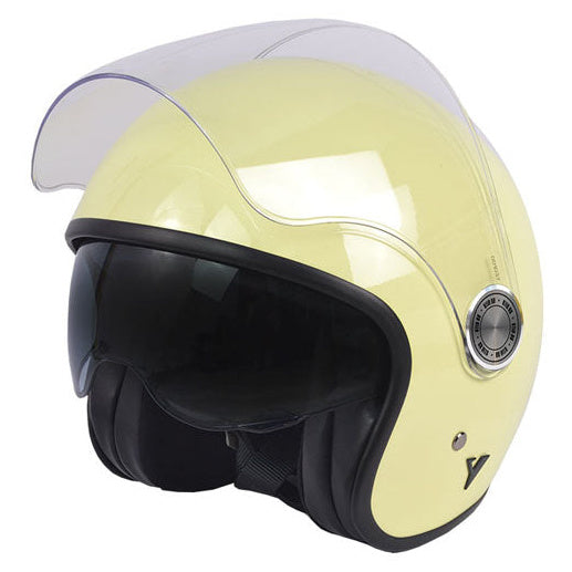 ByCity The City Beige Shiny open-face motorcycle helmet, left-front view with clear visor raised