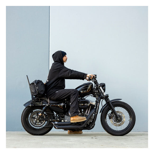 Biltwell Exfil-65 2.0 Dry Bag - fitted to a motorcycle with rider