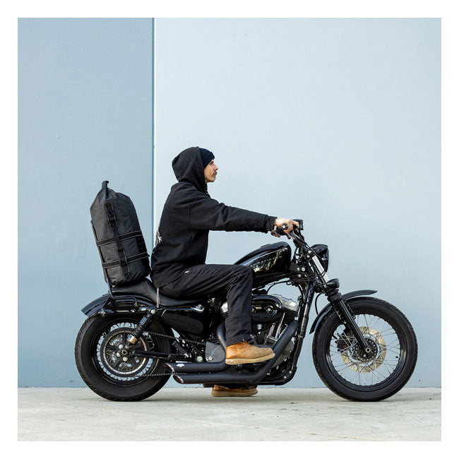 Biltwell Exfil-65 2.0 Dry Bag - motorcycle riding fitment side view
