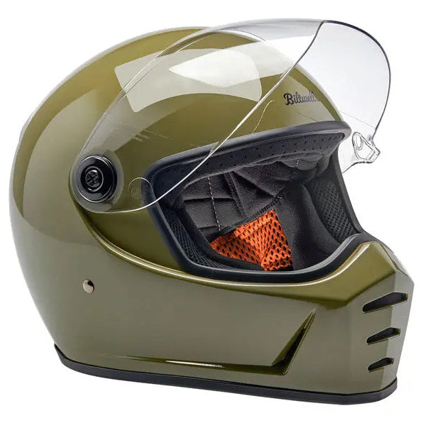 Biltwell Lane Splitter Olive Green - right-front view with visor raised