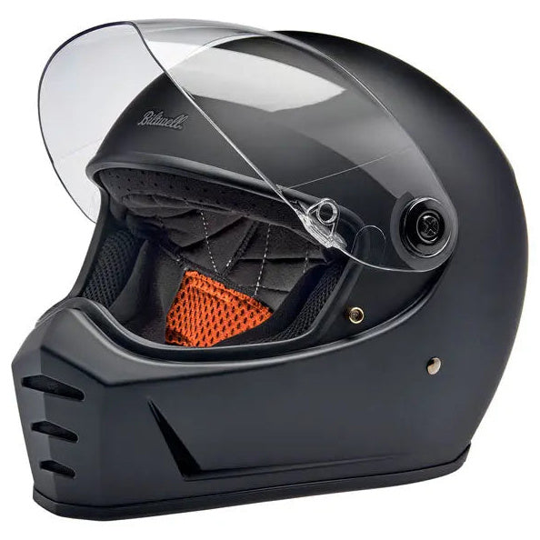 Biltwell Lane Splitter Flat Black full-face motorcycle helmet, left-front three-quarter view with visor raised