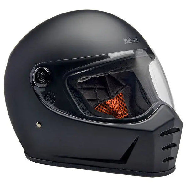 Biltwell Lane Splitter Flat Black full-face motorcycle helmet, right-front three-quarter view with visor closed