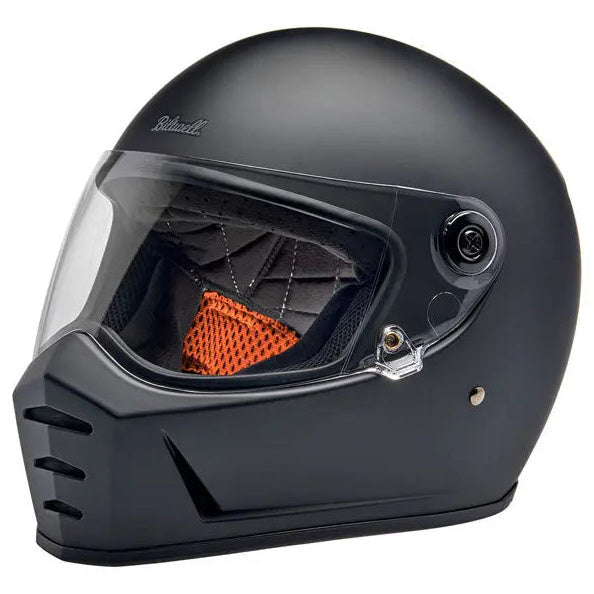 Biltwell Lane Splitter Flat Black full-face motorcycle helmet, left-front three-quarter view with visor closed