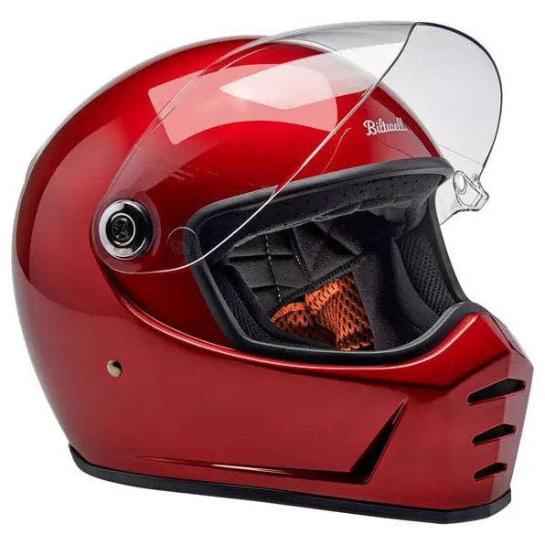 Biltwell Lane Splitter Cherry Red full-face motorcycle helmet, right-front three-quarter view with visor raised