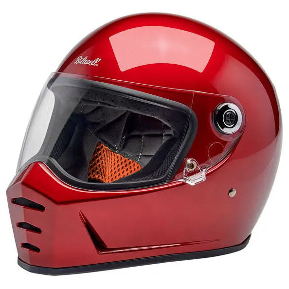 Biltwell Lane Splitter Cherry Red full-face motorcycle helmet, left-front three-quarter view with visor closed