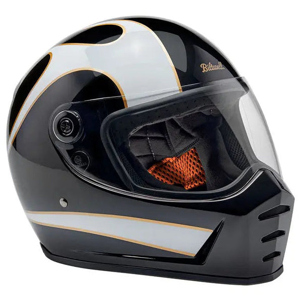 Biltwell Lane Splitter White Flames full-face motorcycle helmet, right-front three-quarter view with visor closed
