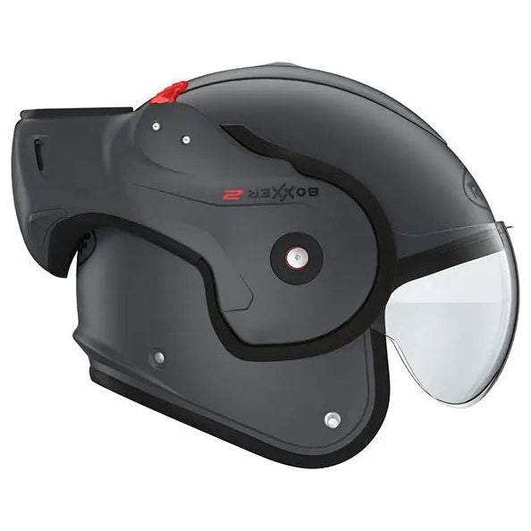Roof Boxxer 2 Matt Graphite full-face motorcycle helmet, left-side view with chin bar raised