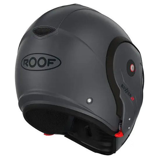 Roof Boxxer 2 Matt Graphite full-face motorcycle helmet, right-side view with chin bar raised