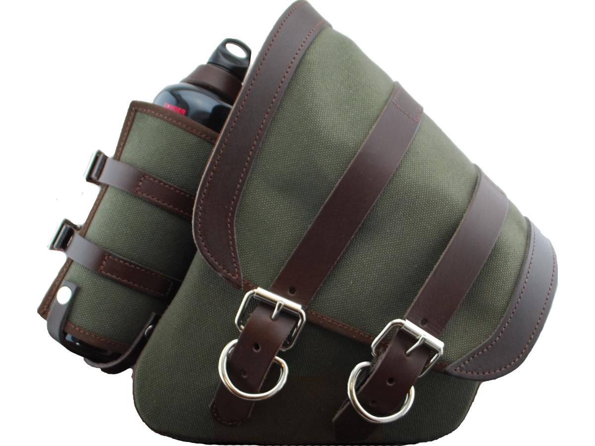La Rosa Design Canvas Swing Arm Left Saddle Bag With Bottle With Black Straps Brown Army Green For 87-23 Softail