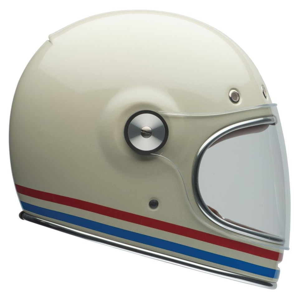Bell Bullitt Retro White / Stripes Gloss White Oxblood Blue full-face motorcycle helmet, right-side view