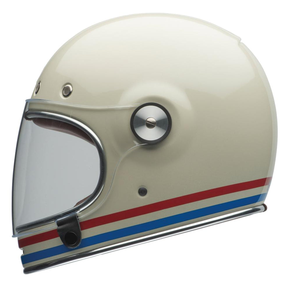 Bell Bullitt Retro White / Stripes Gloss White Oxblood Blue full-face motorcycle helmet, left-side view