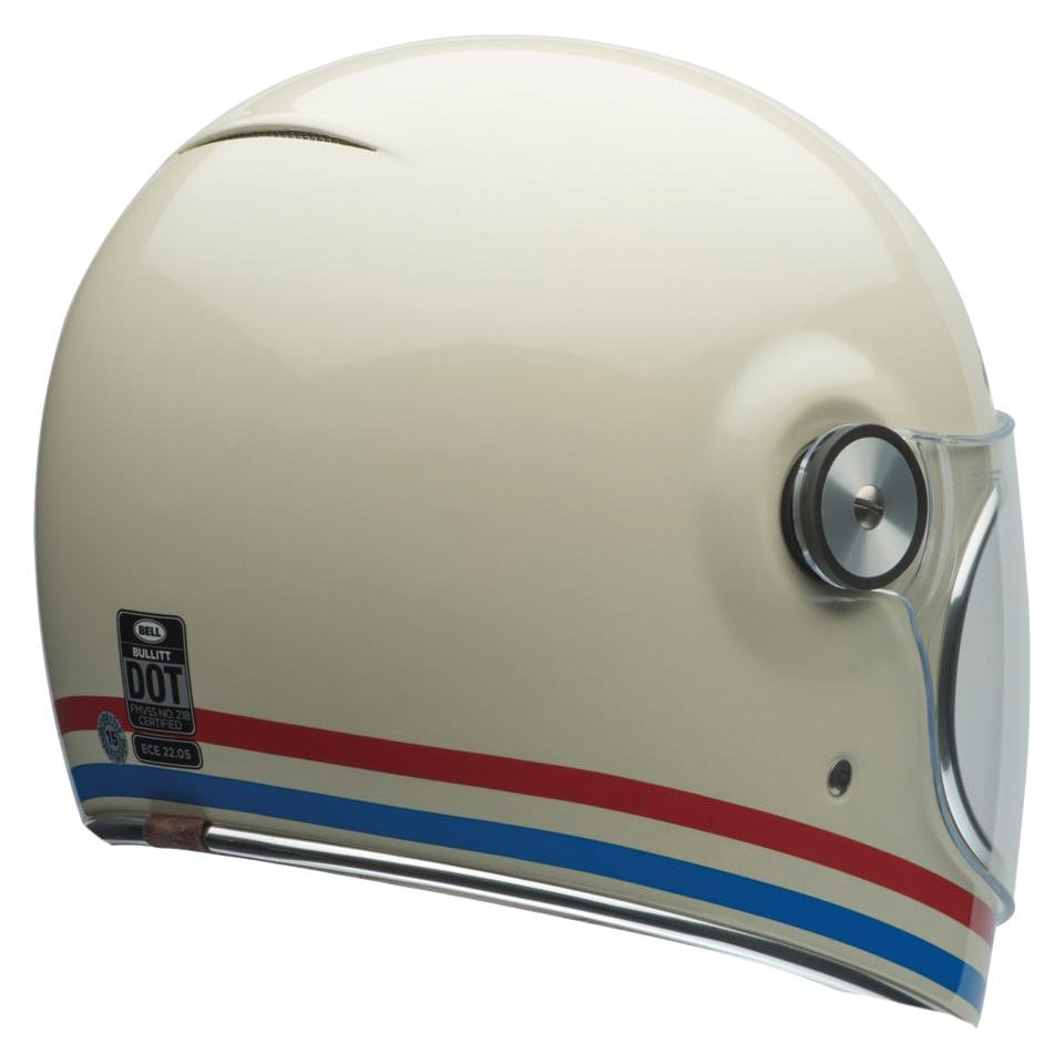 Bell Bullitt Retro White / Stripes Gloss White Oxblood Blue full-face motorcycle helmet, rear three-quarter view