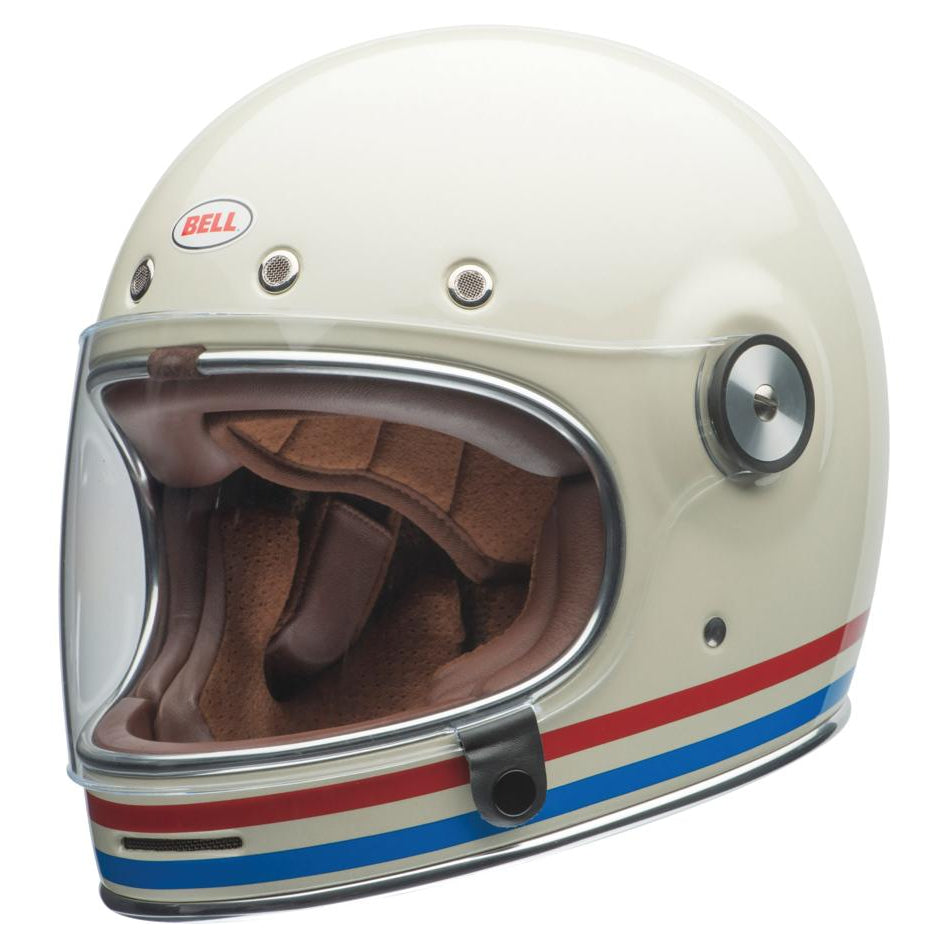 Bell Bullitt Retro White / Stripes Gloss White Oxblood Blue full-face motorcycle helmet, right-front three-quarter view
