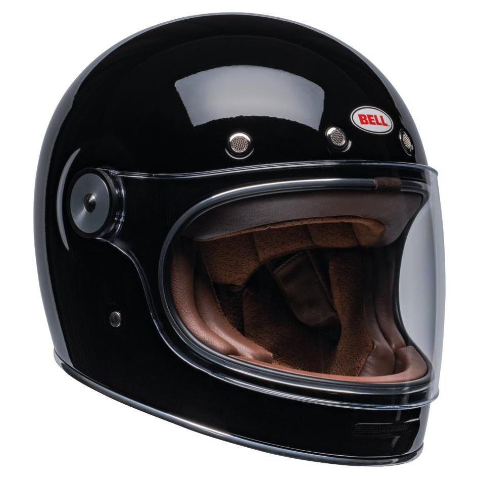 Bell Bullitt Retro Black / Gloss Black full-face motorcycle helmet, left-front three-quarter view with clear visor