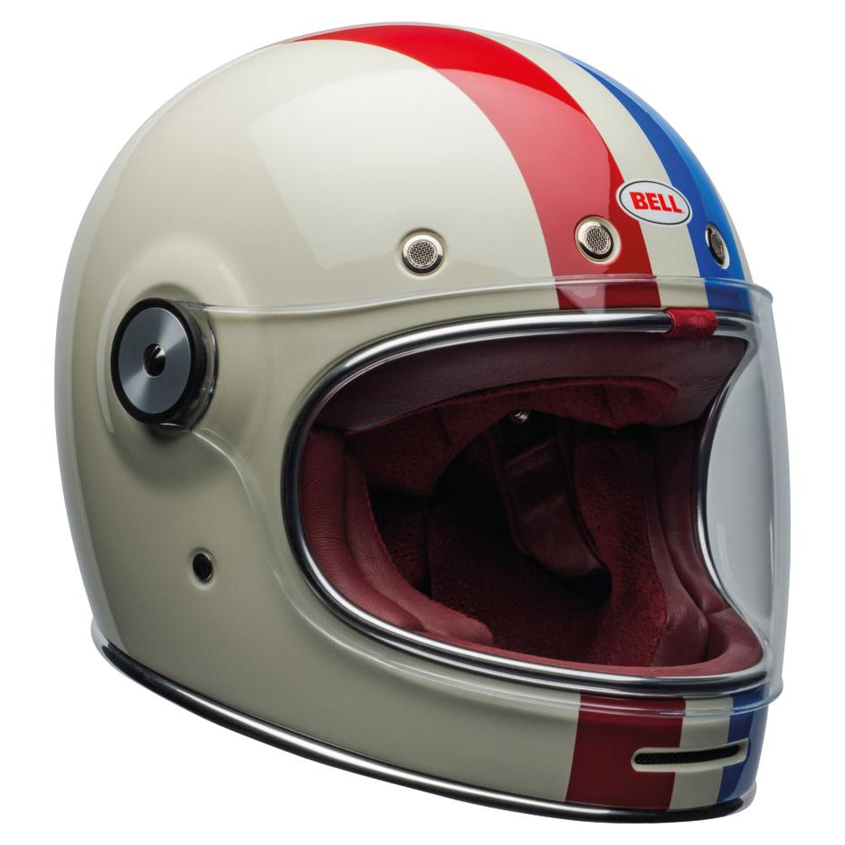 Bell Bullitt Retro White / Command Oxblood full-face motorcycle helmet, left-front three-quarter view