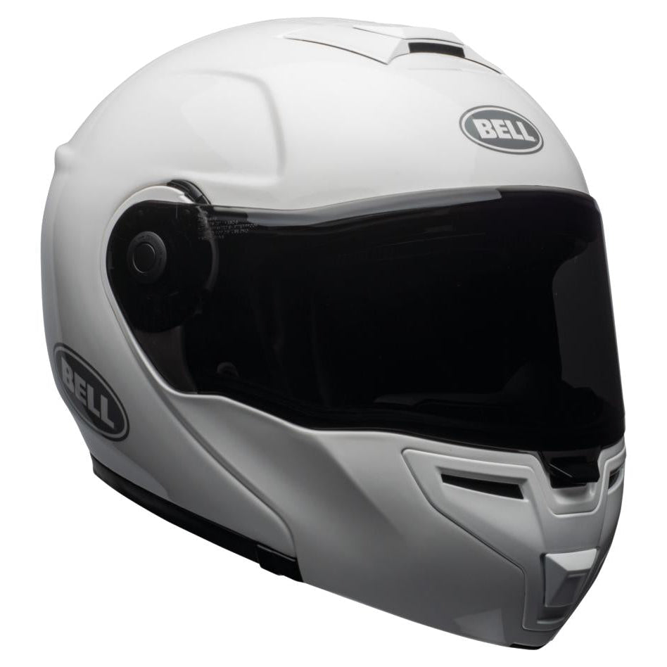 Bell SRT Modular White / Gloss White flip-up motorcycle helmet, left-front three-quarter view with chin bar closed