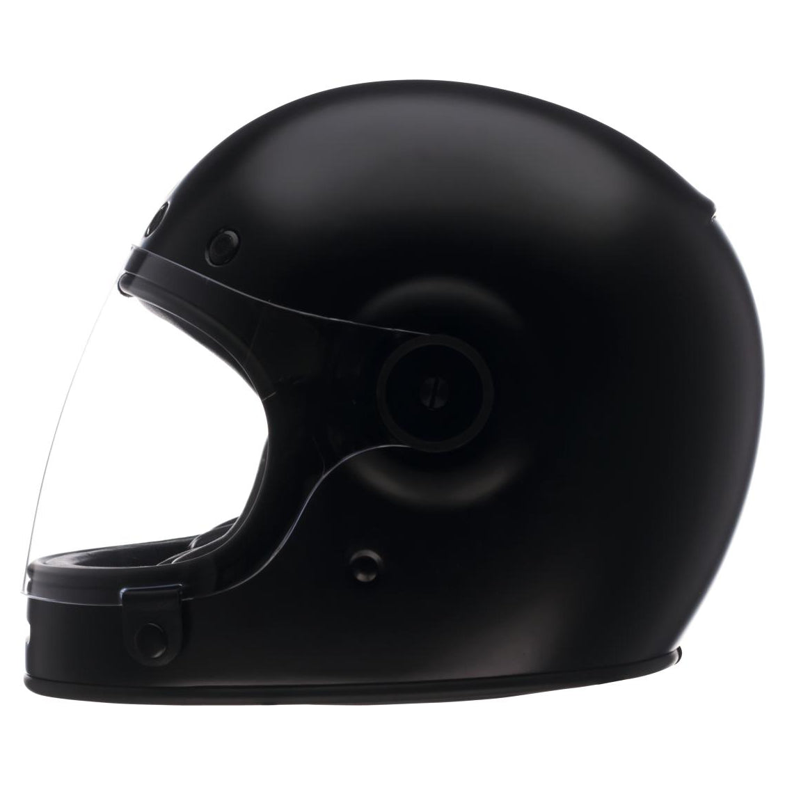 Bell Bullitt Retro Flat Black full-face motorcycle helmet, left-side view with clear visor