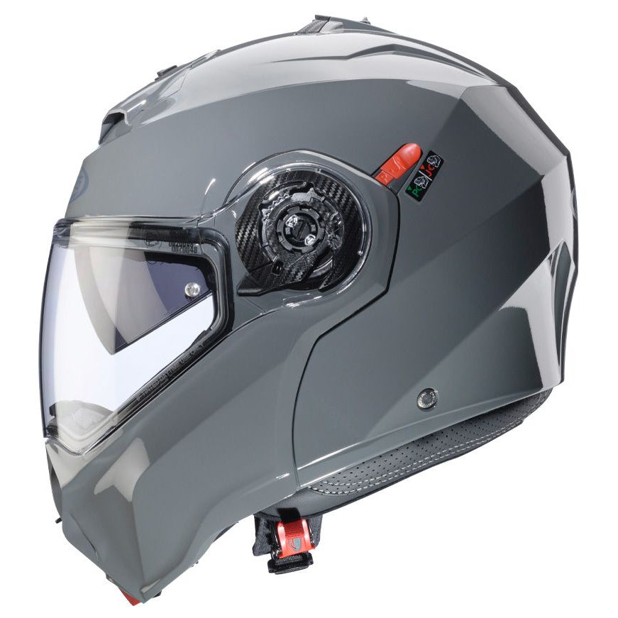Caberg Duke Evo Stone Grey, right-side view with chin bar closed