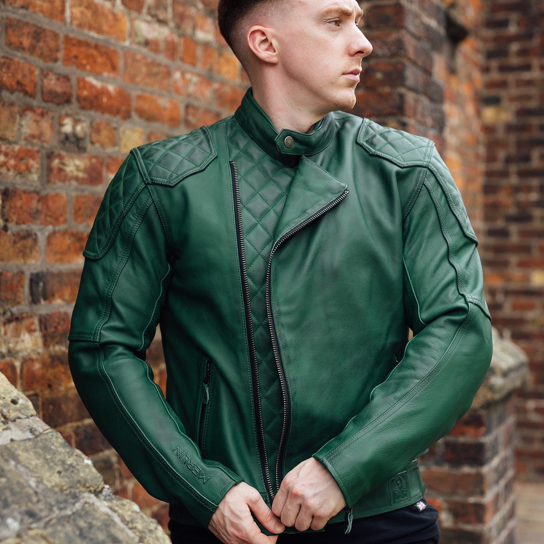 Merlin Chester Café D3O Leather Jacket Green FREE UK Delivery, FREE 365 Day Returns | Moto Central