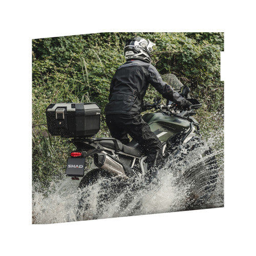 SHAD TR46 Top Box Aluminium fitted to an adventure motorcycle, off-road riding view
