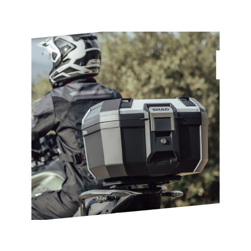 SHAD TR46 Top Box Aluminium fitted to a motorcycle, close rear three-quarter view