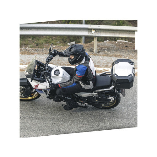 SHAD TR46 Top Box Aluminium fitted to a parked adventure motorcycle, side view