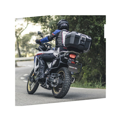 SHAD TR46 Top Box Aluminium fitted to a motorcycle, rear three-quarter riding view