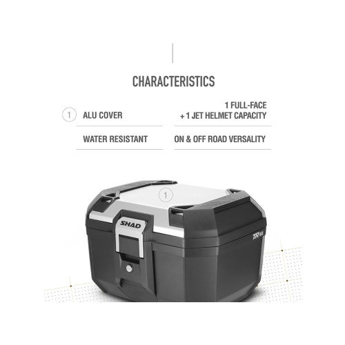 SHAD TR46 Top Box Aluminium, product characteristics infographic