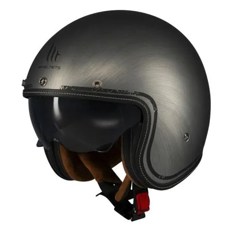 MT Helmets Le Mans 2 SV S Scratched Chrome A2 Matt Grey open-face motorcycle helmet, left-side profile view