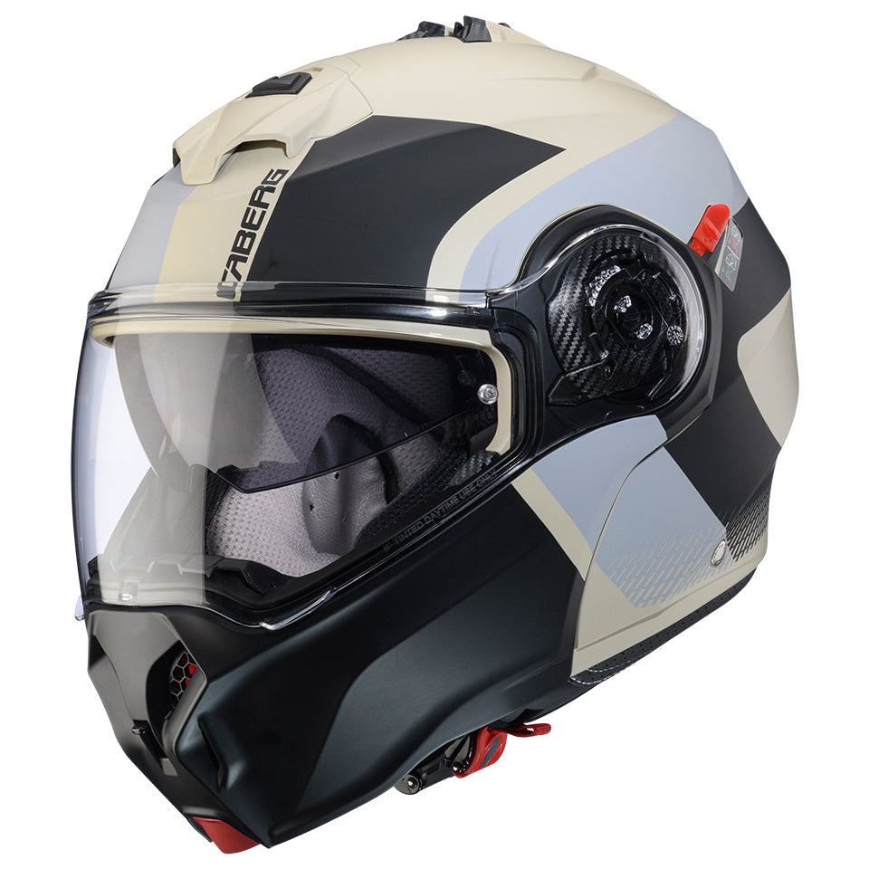 Caberg Duke Evo Indy Matt Sand / Black / Grey flip-front helmet, closed in front three-quarter view