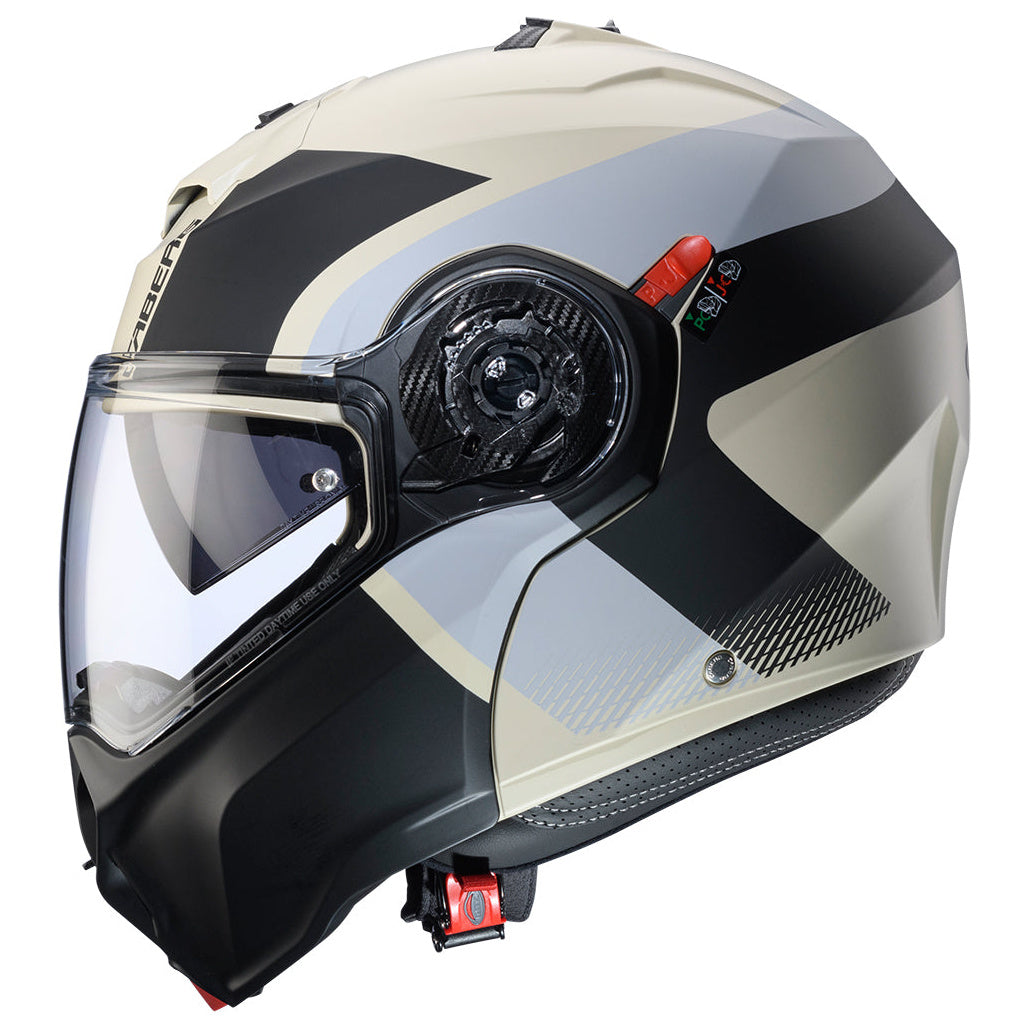 Caberg Duke Evo Indy Matt Sand / Black / Grey helmet, closed right-facing side view