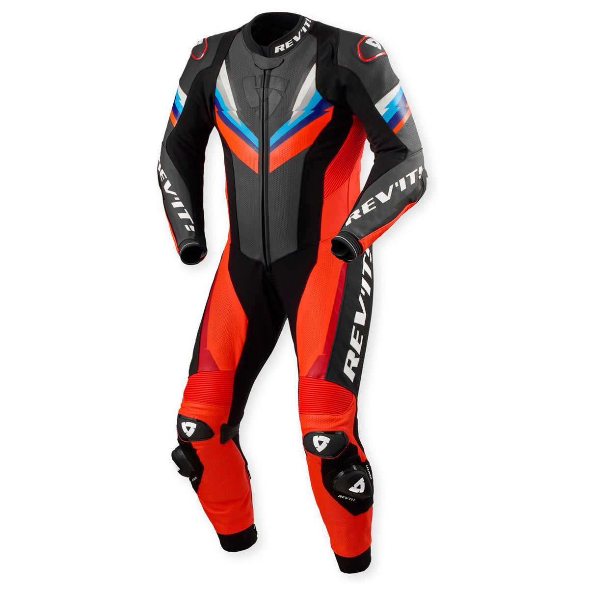 Revit Quantum 3 One Piece Leather Suit Neon Red / Black – front view