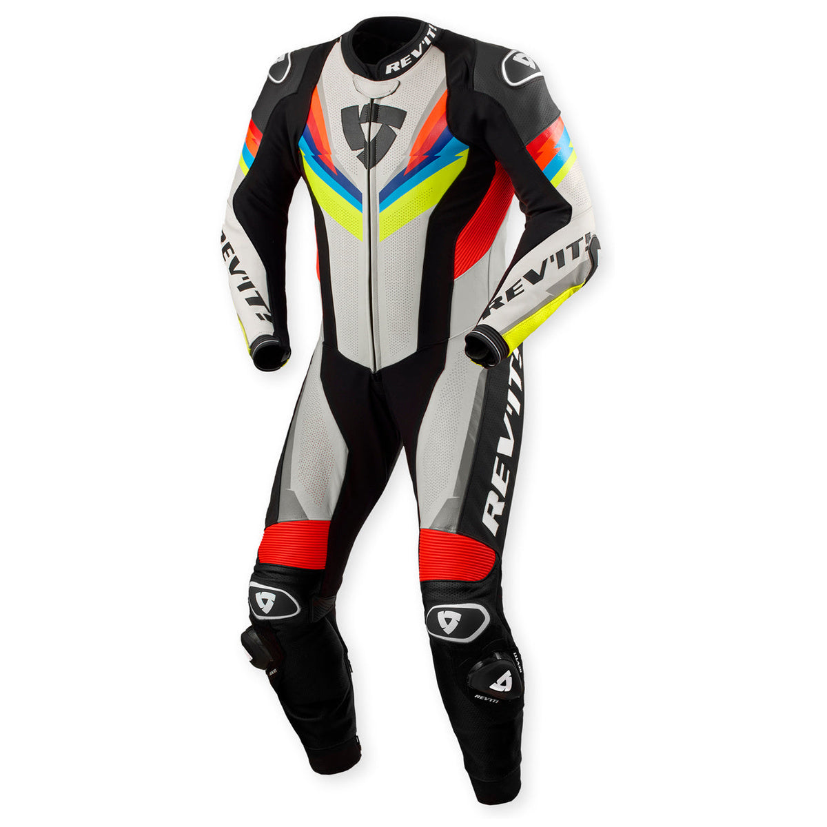 Revit Quantum 3 One Piece Leather Suit Light Grey / Neon Yellow – front view