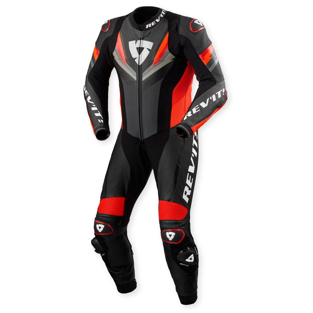 Revit Quantum 3 One Piece Leather Suit Anthracite / Neon Red – front view