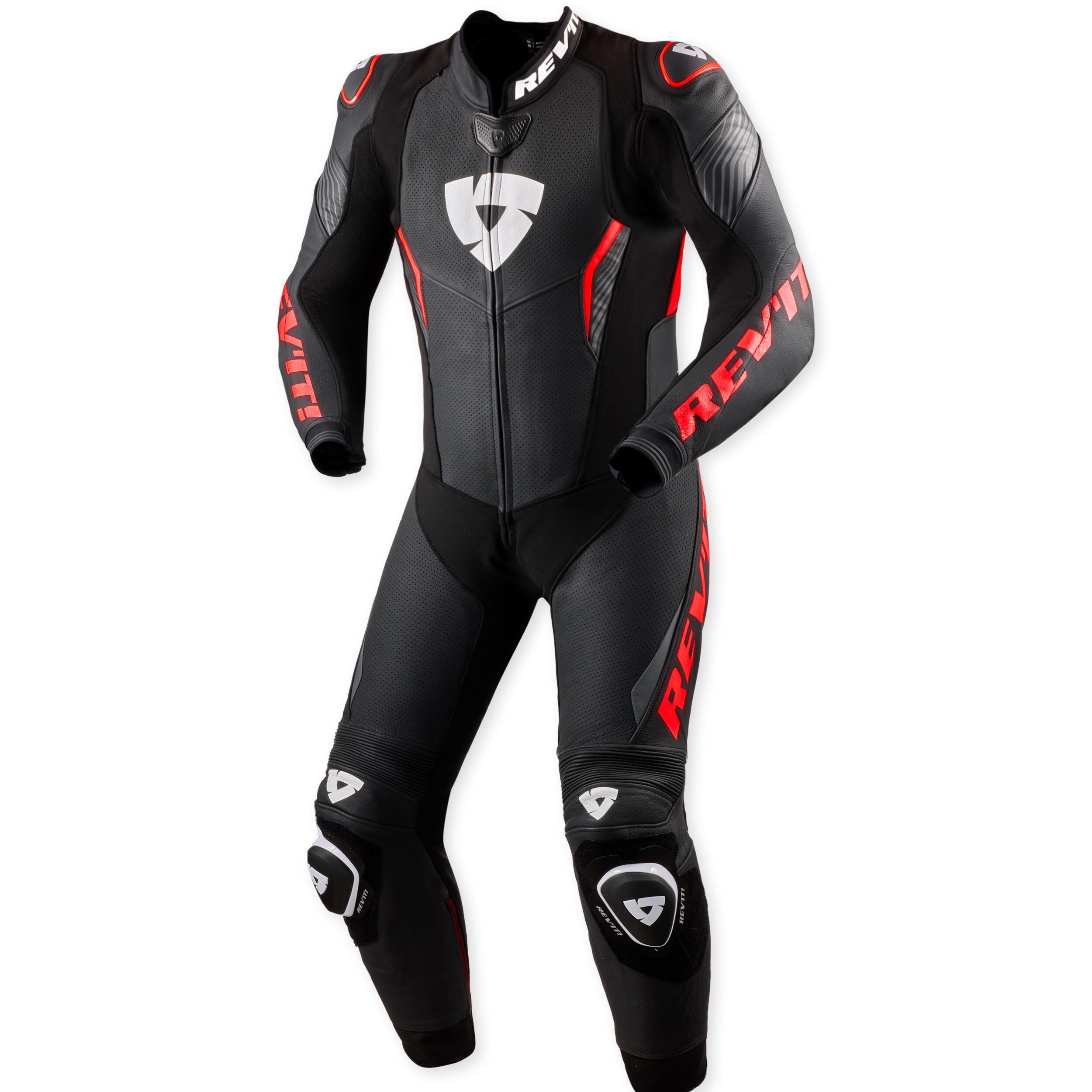 Revit Argon 3 One Piece Leather Suit Black / Neon Red front view