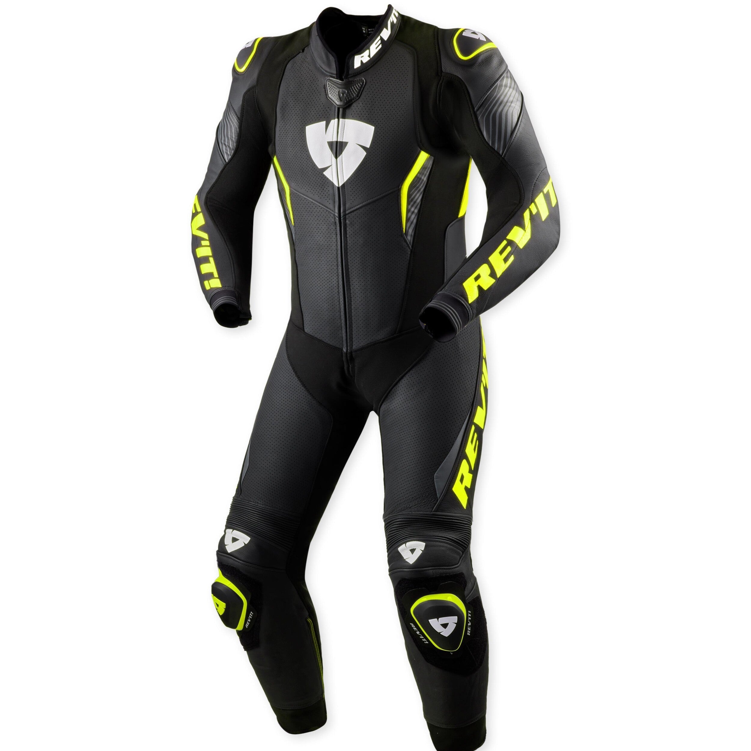 Revit Argon 3 One Piece Leather Suit Black / Neon Yellow front view