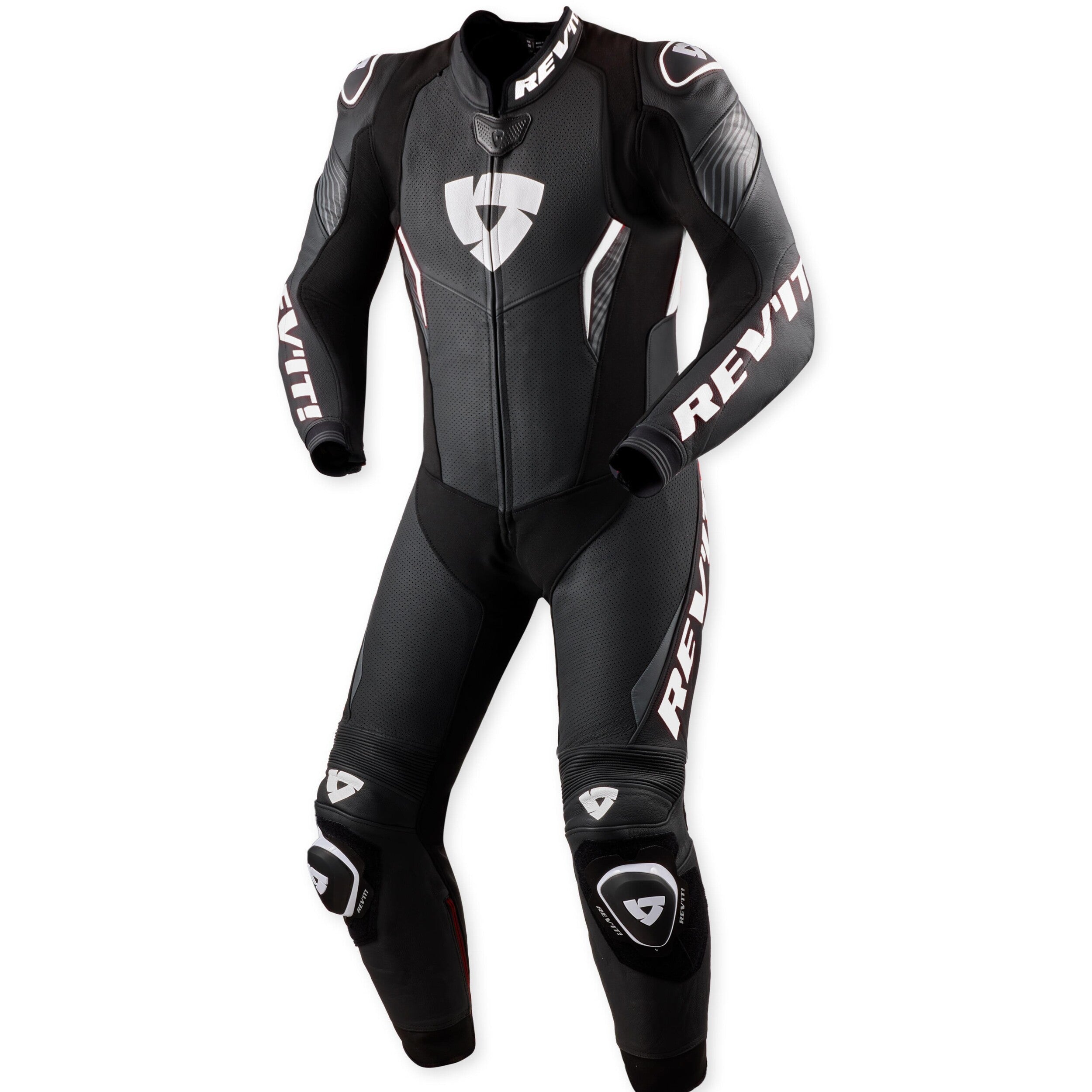 Revit Argon 3 One Piece Leather Suit Black / White front view