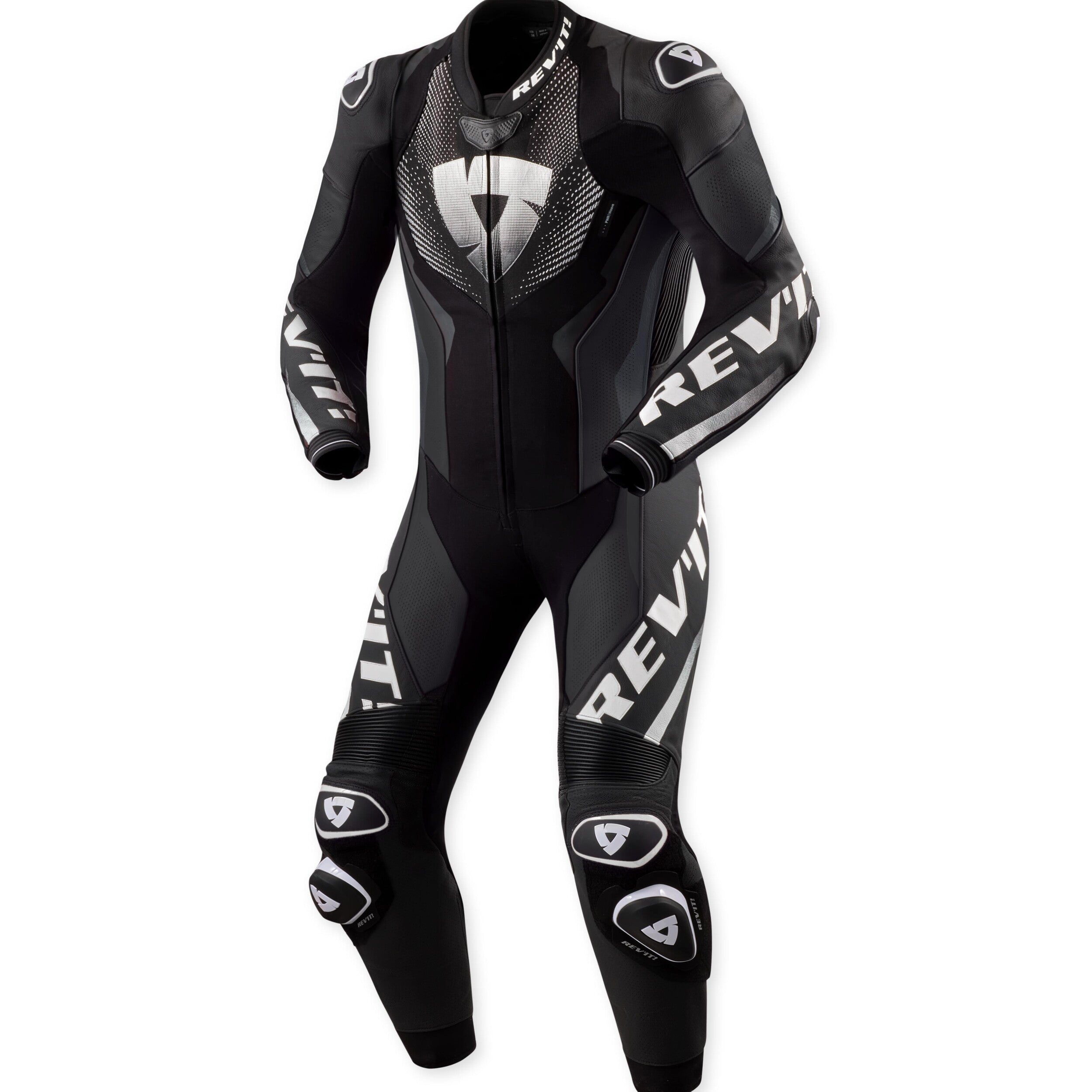 Revit Hyperspeed 3 One Piece Leather Suit Black / White front view