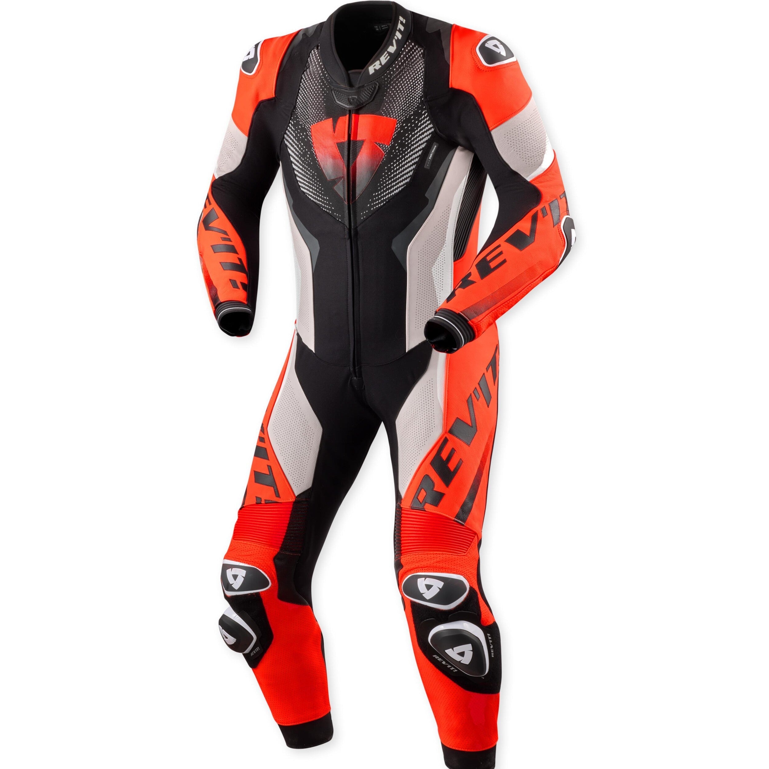 Revit Hyperspeed 3 One Piece Leather Suit Light Grey / Neon Red front view