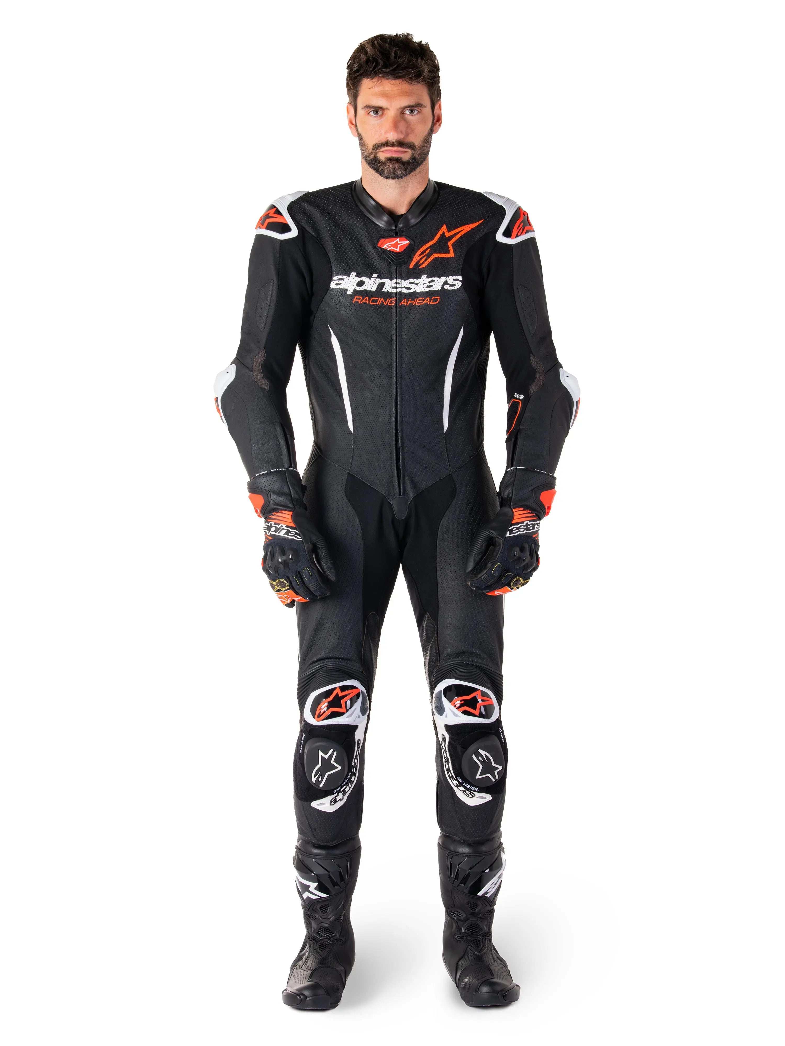 Alpinestars GP-R7 One Piece Leather Suit Black / White / Fluo Red - FREE UK Shipping, FREE 365 Day Returns | Moto Central