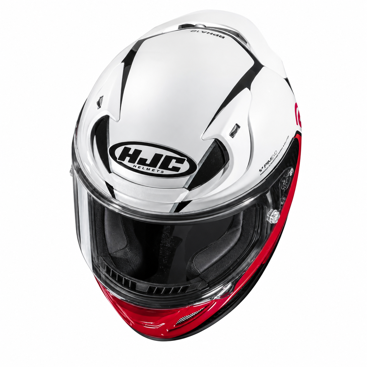 HJC RPHA 12 Kos MC1 Red, alternate full-face motorcycle helmet angle on white background