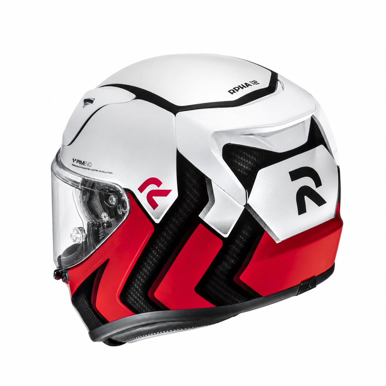 HJC RPHA 12 Kos MC1 Red, alternate full-face motorcycle helmet angle on white background